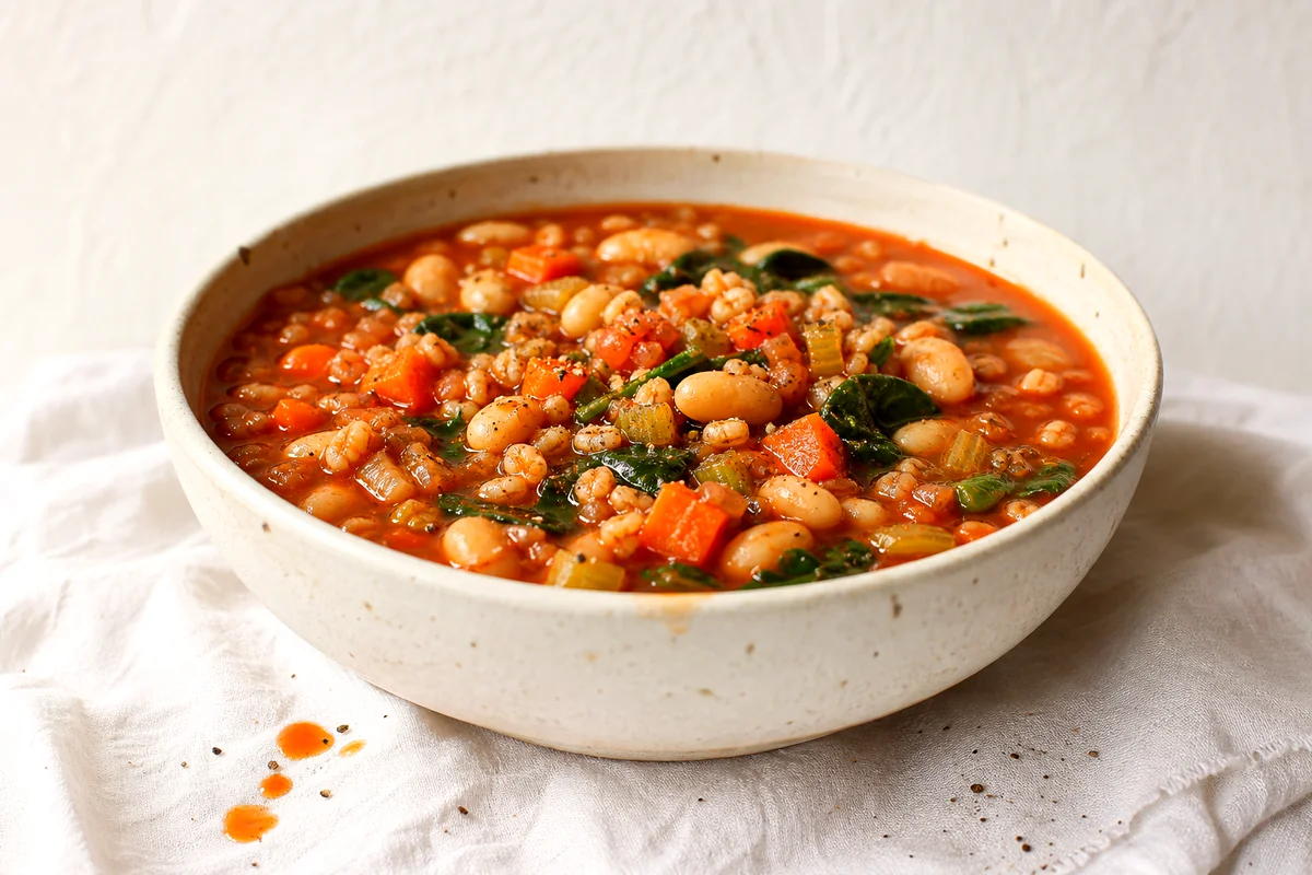 Bowl of Tuscan white bean soup with farro, spinach, carrots, and tomato broth on white linen