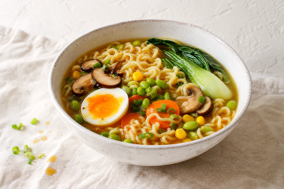 Steaming vegetable ramen noodle soup with mushrooms, carrots, bok choy, corn, edamame, green onions, and a halved egg