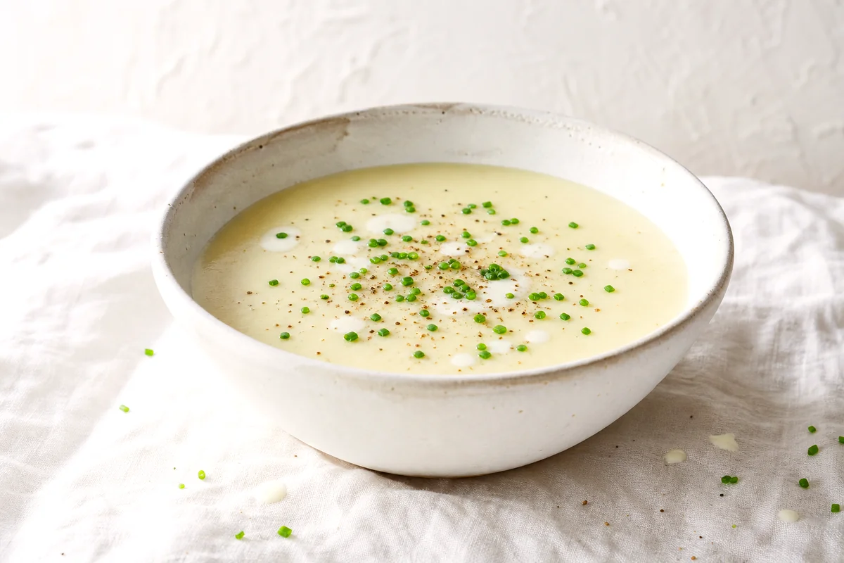 Chilled potato and leek soup in a white ceramic bowl topped with chopped chives