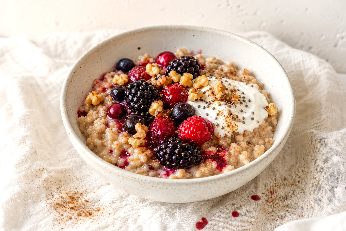 Creamy barley breakfast bowl topped with berries, Greek yogurt, walnuts, and chia seeds