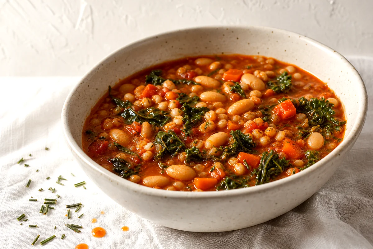 Hearty white bean kale tomato stew with barley in a white ceramic bowl