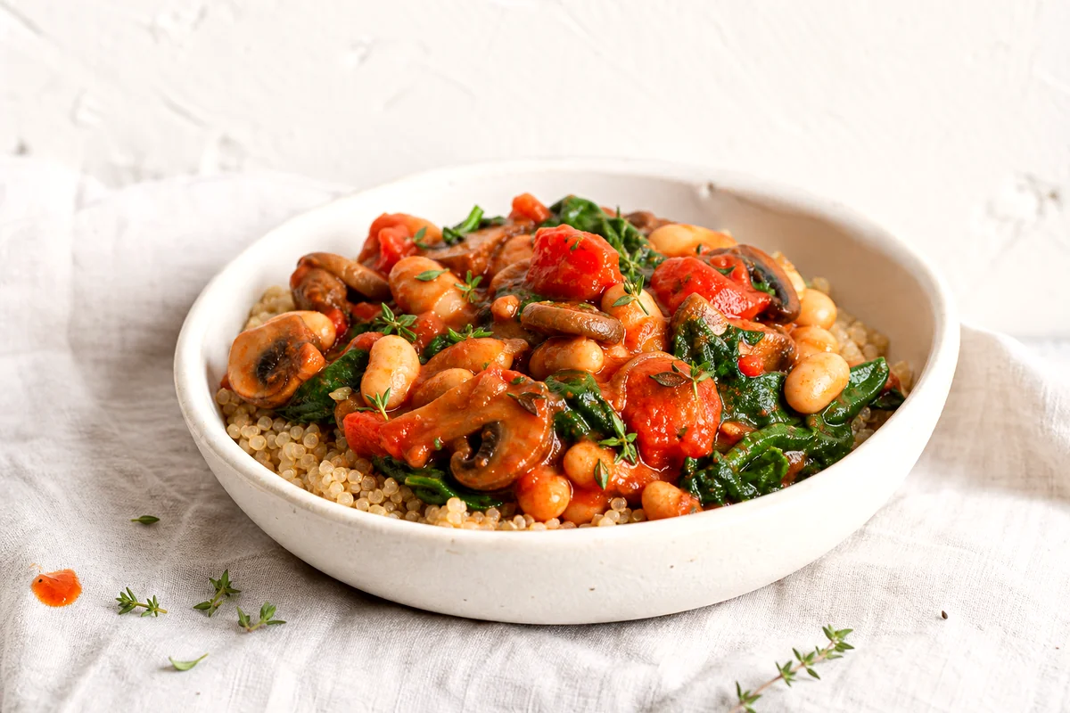 White beans, mushrooms, spinach, and tomatoes served over quinoa in a white ceramic bowl